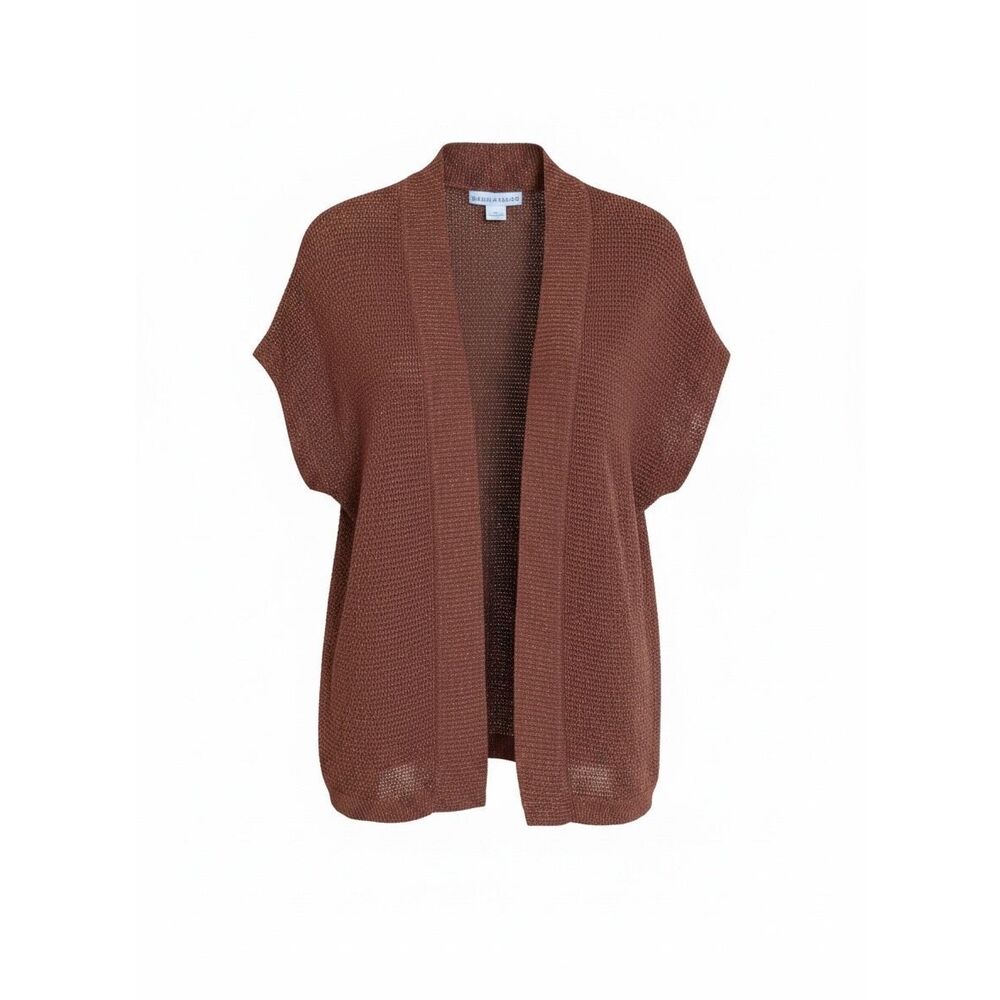 Sag Harbor Metallic Open Front Short Sleeve Cardigan Sweater‎ Brown Size Large